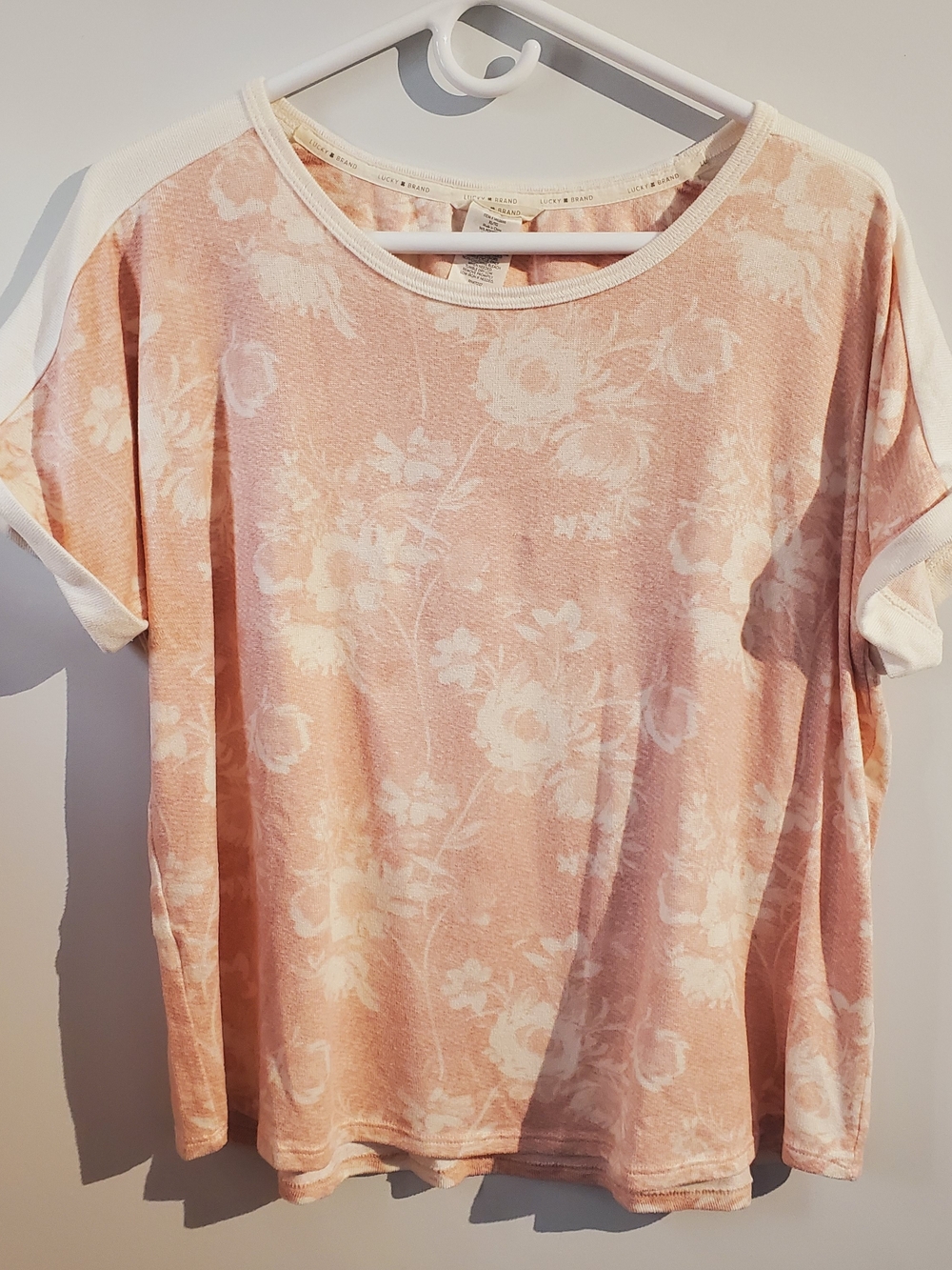 Lucky Brand Peach Floral Short Sleeve Tee with White Trim